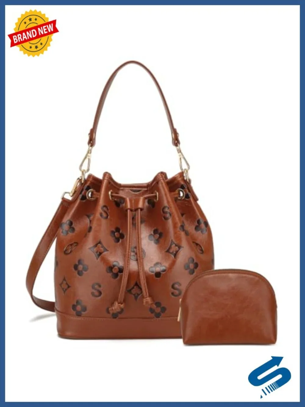Vegan Leather Embossed Bucket Bag Set Crossbody Handbag Satchel 2 Straps